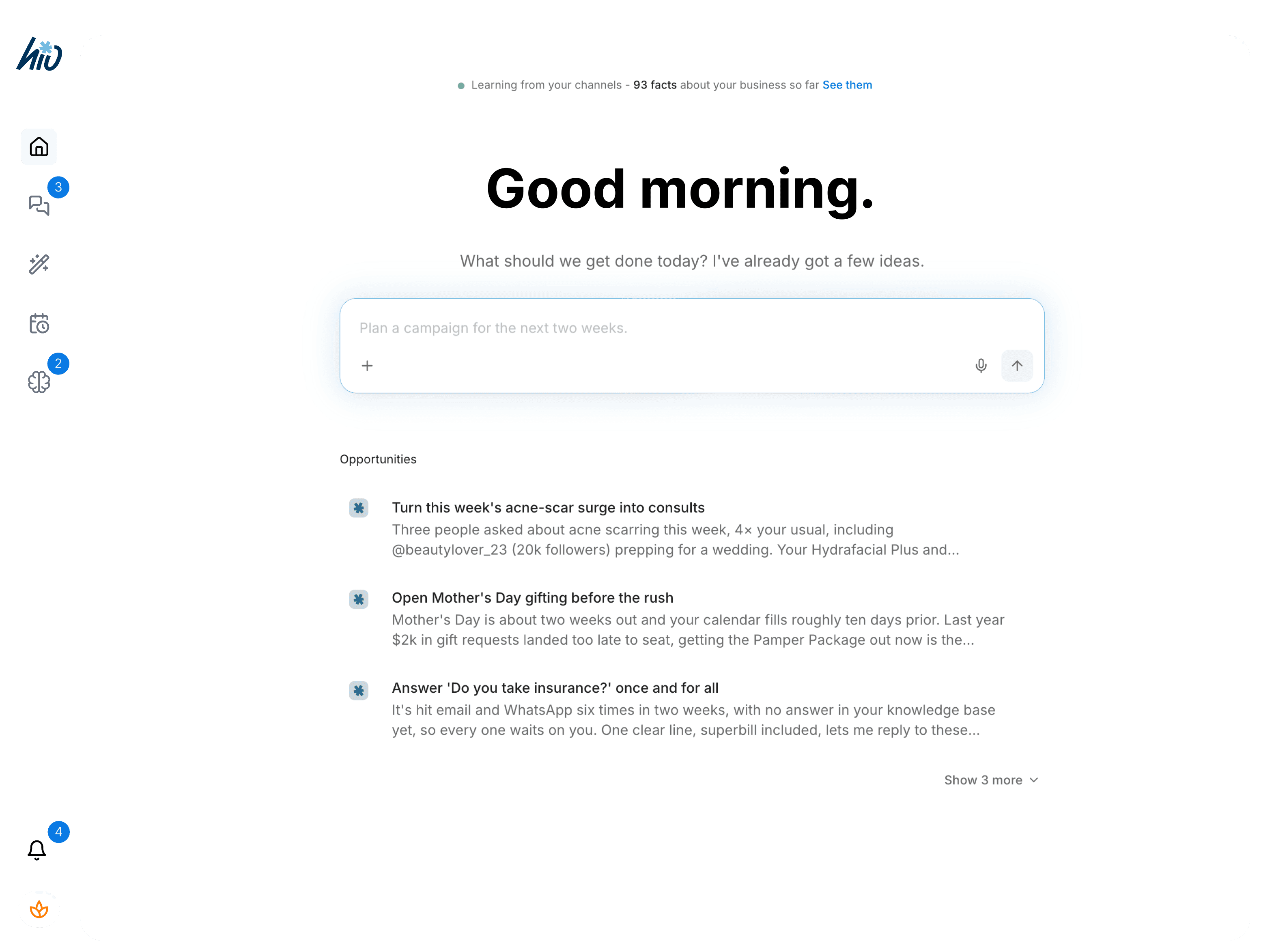 The HiO dashboard greeting a business owner with today's opportunities